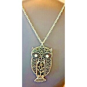 Vintage Necklace Owl Rhinestone Eyes Knocker Pendant  30" Chain